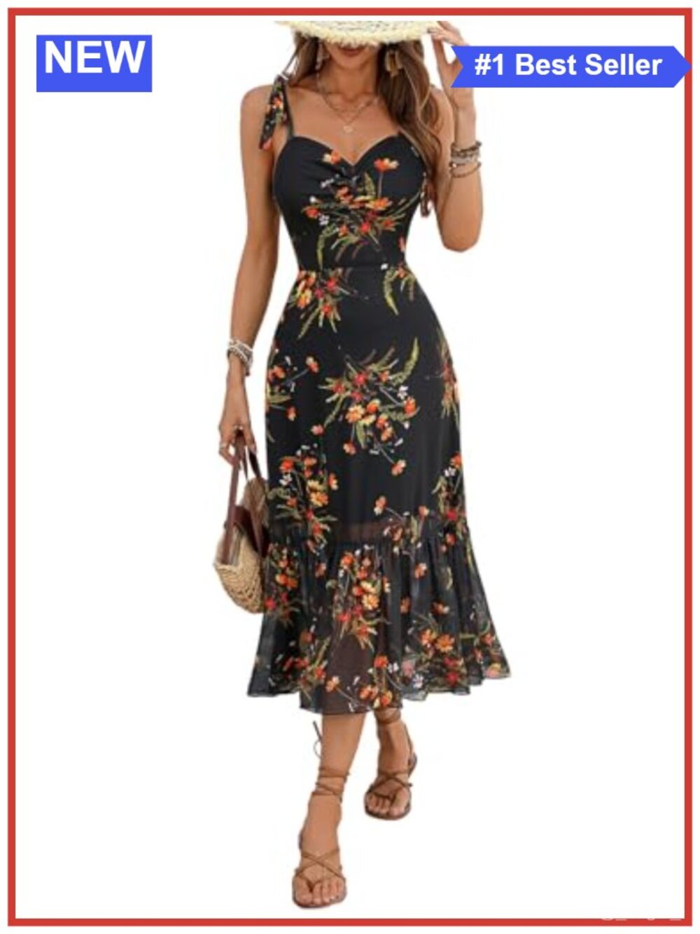 Floral Mesh Spaghetti Strap Boho Ruffle A-Line Midi Dress